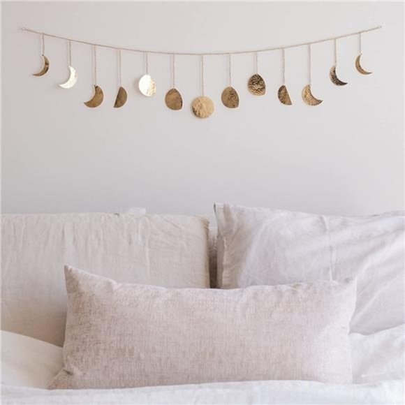 Moon Phase Wall Hanging, Handmade Hammered Gold Metal 13 Moons 36" Garland - Picture 1 of 6